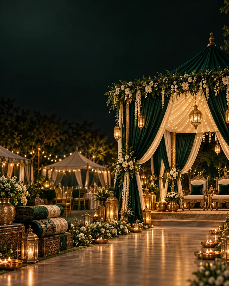 Luxury emerald and gold Indian wedding pavilion at night